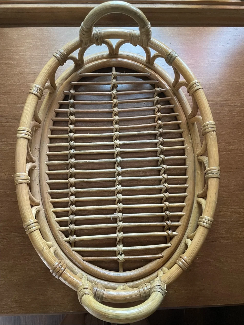 Handwoven Rattan Bamboo Boho Oval Serving Tray w/ handles 16.5” x 12